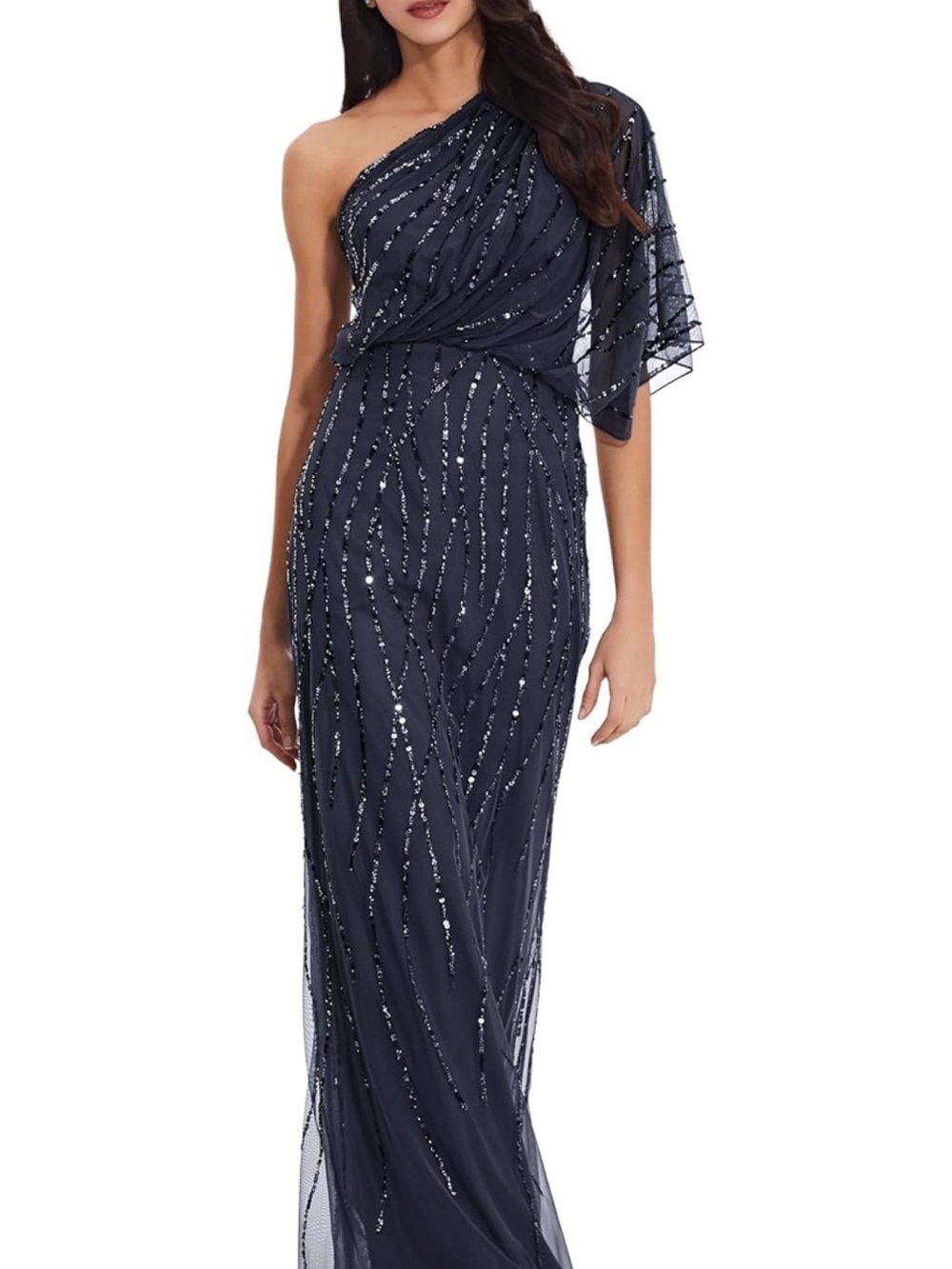 Adrianna Papell Navy One-Shoulder Sequin Evening Gown - Picture 1 of 2
